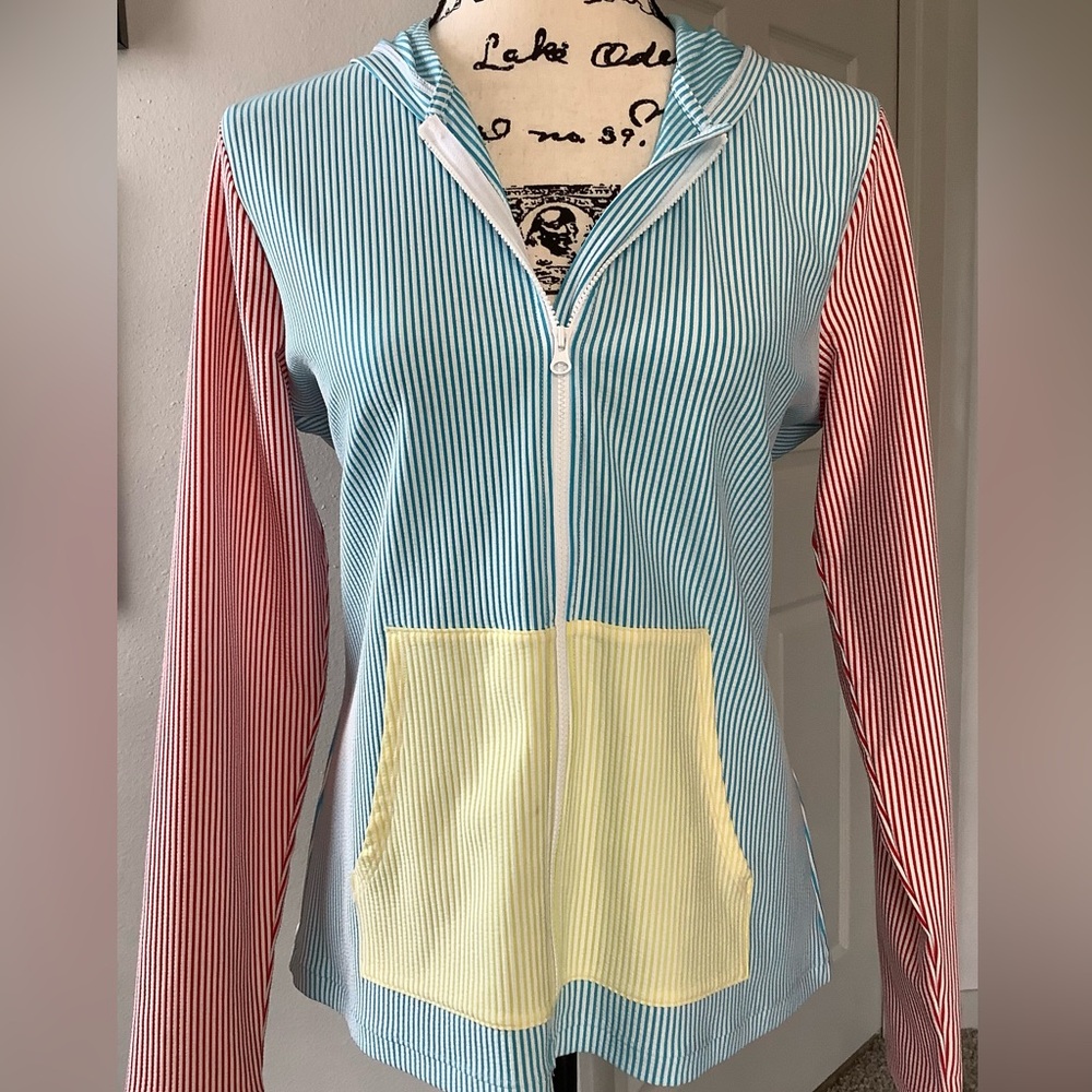 EUC. Lands' End Colorblock Hooded Jacket in Aqua, Pink & Yellow